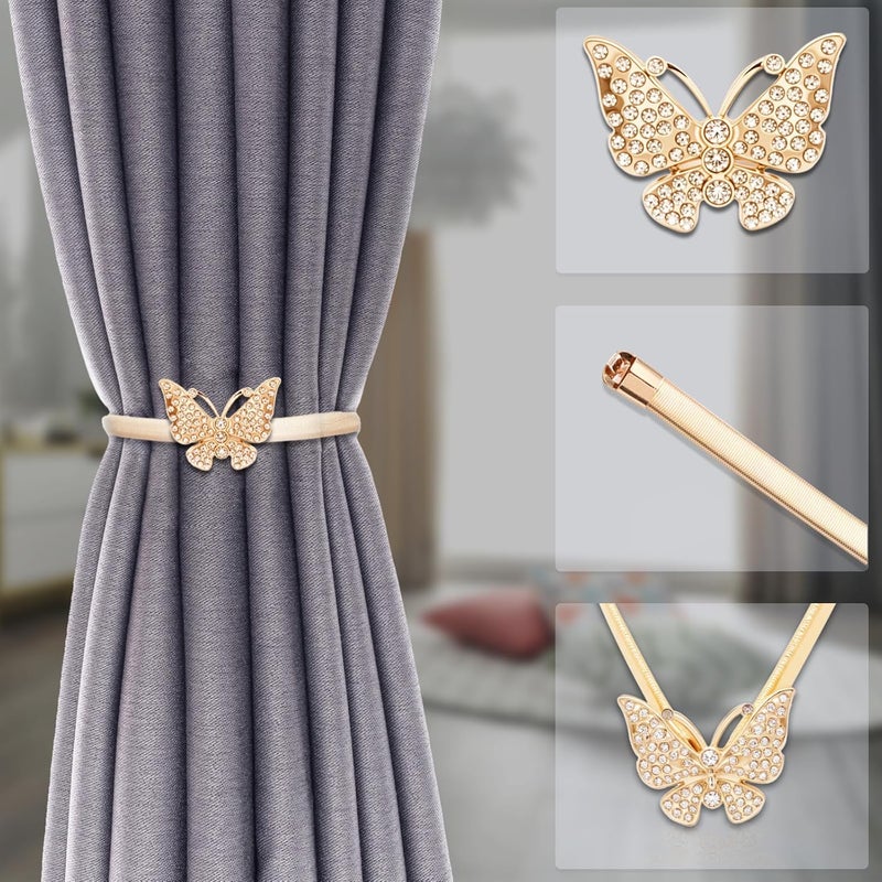 LLPMutu 4Pack Aluminum Alloy Spring Design Curtain Tiebacks - Leaf Carving Design Curtain Ties for Drapes - Modern Style Gold Butterfly Holdbacks - Image 3